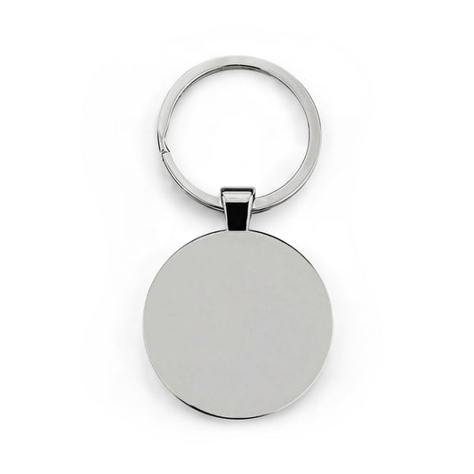 Gloria round stainless steel keychain detail – abstract blues purples pinks and gold swirl art rust-resistant by the Soulful Brush