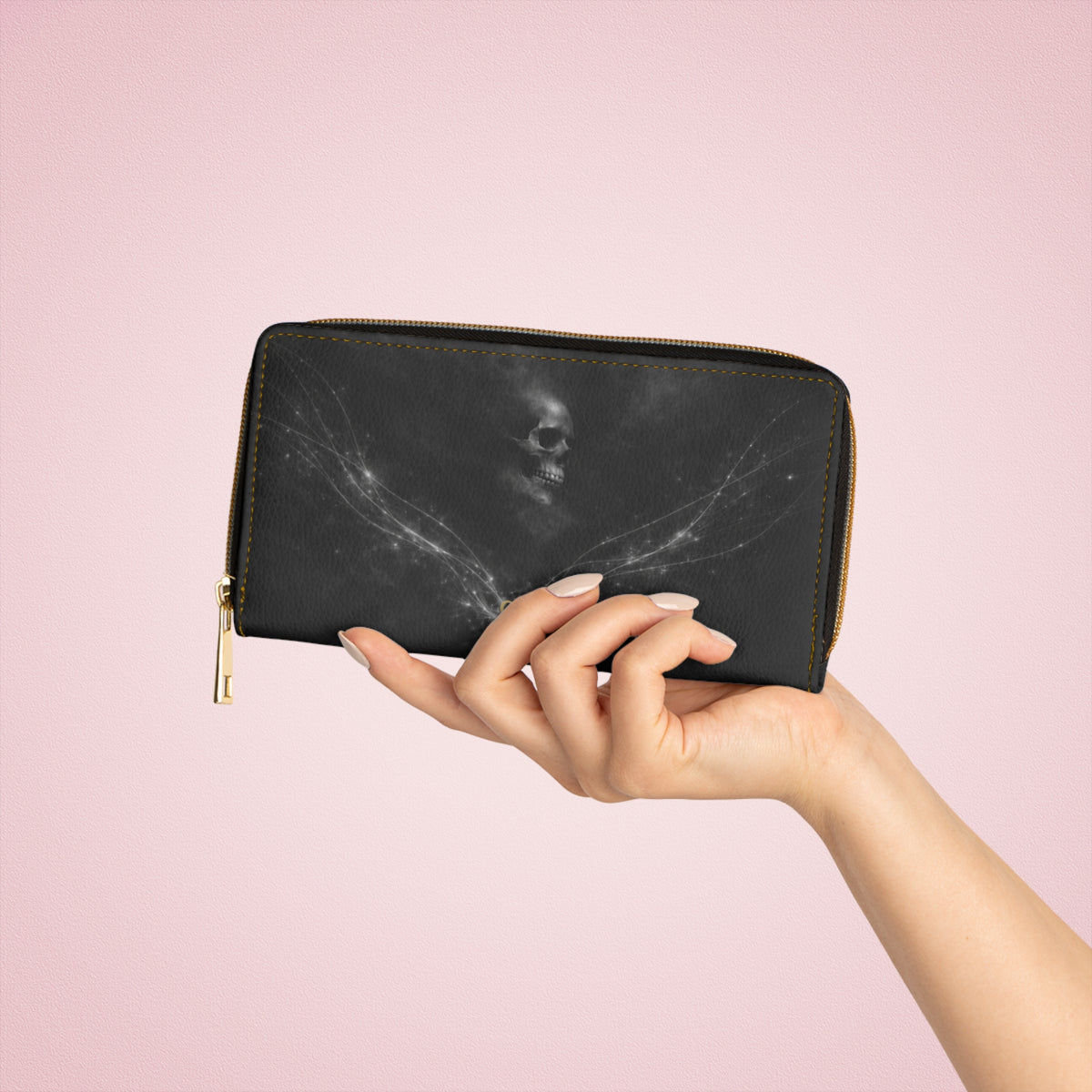 Veiled Remains Zipper Wallet — Gothic Black Leather Wallet with Ghostly Skull Design
