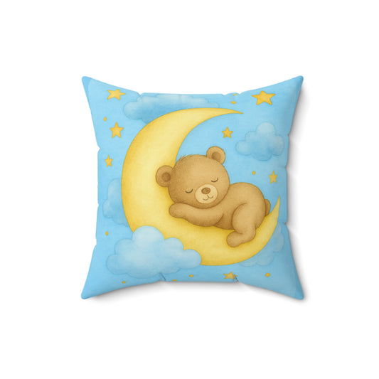Teddy and Moon -Blue Pillow — Cute Nursery Faux Suede Square Pillow
