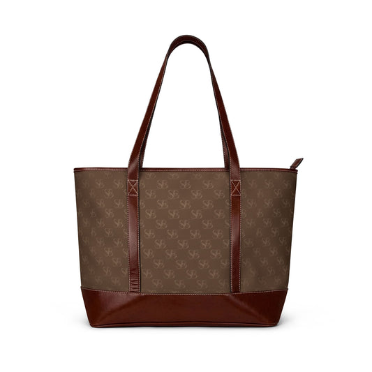 Ember-SB Brown Monogram Tote Handbag — Classic Leather-Trim Everyday Tote