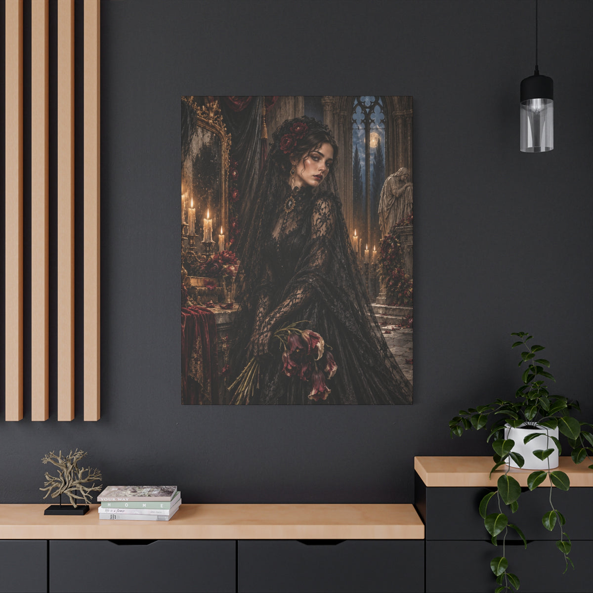 Gothic Mourning Lady Matte Canvas Print — Rose for the Departed-Victorian Dark Romantic Wall Art