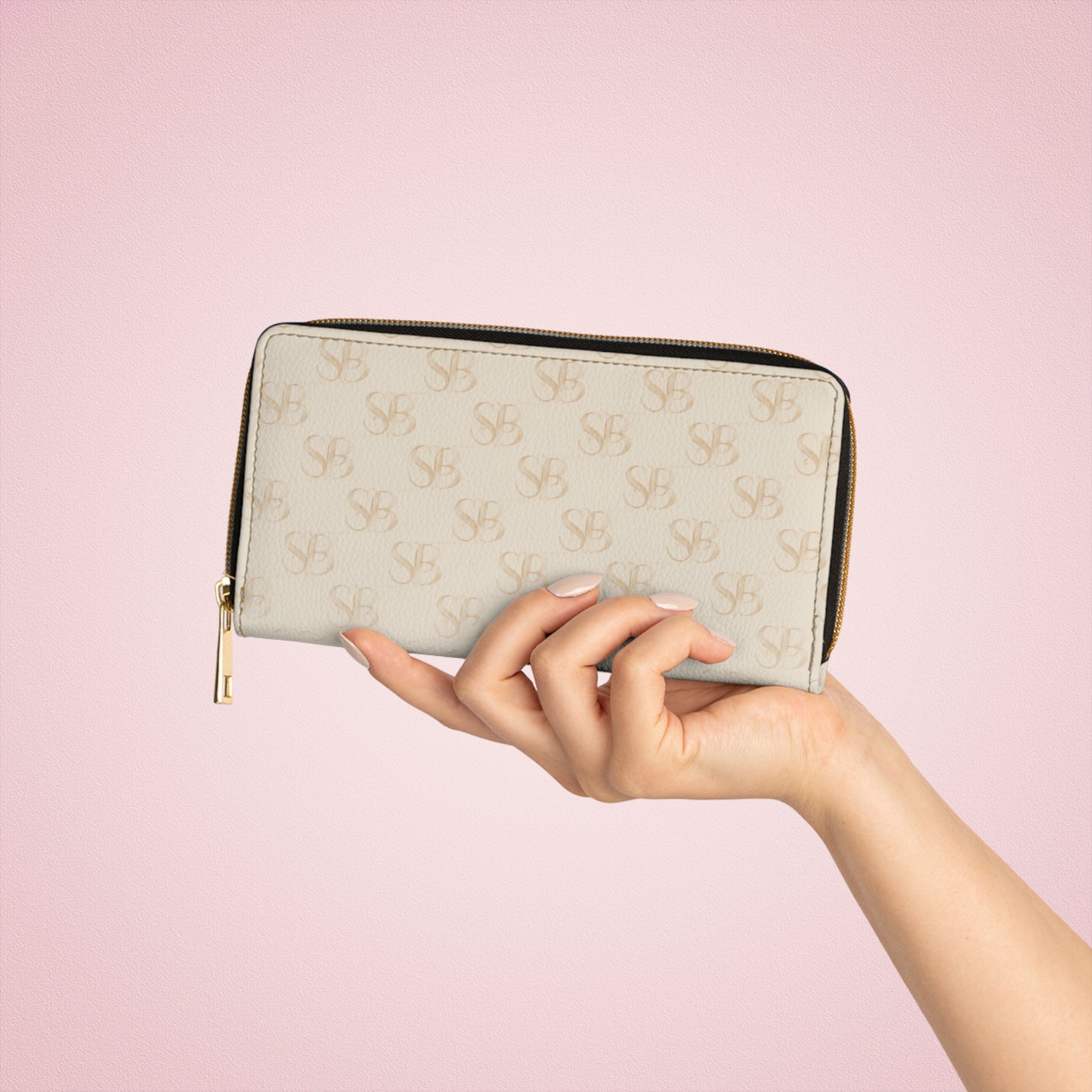Sand- SB Monogram Zip Wallet — Cream Designer Pattern Zipper Wallet
