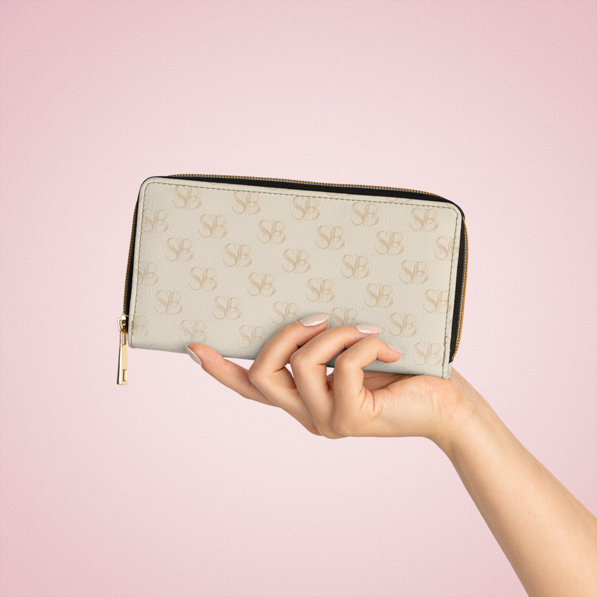 Sand- SB Monogram Zip Wallet — Cream Designer Pattern Zipper Wallet