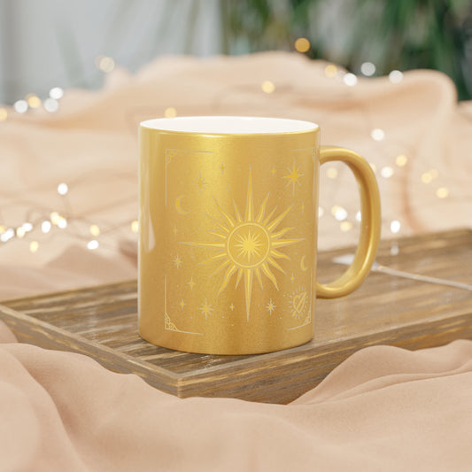Gold Celestial Sun Metallic Mug — Silver/Gold Cosmic Coffee Cup