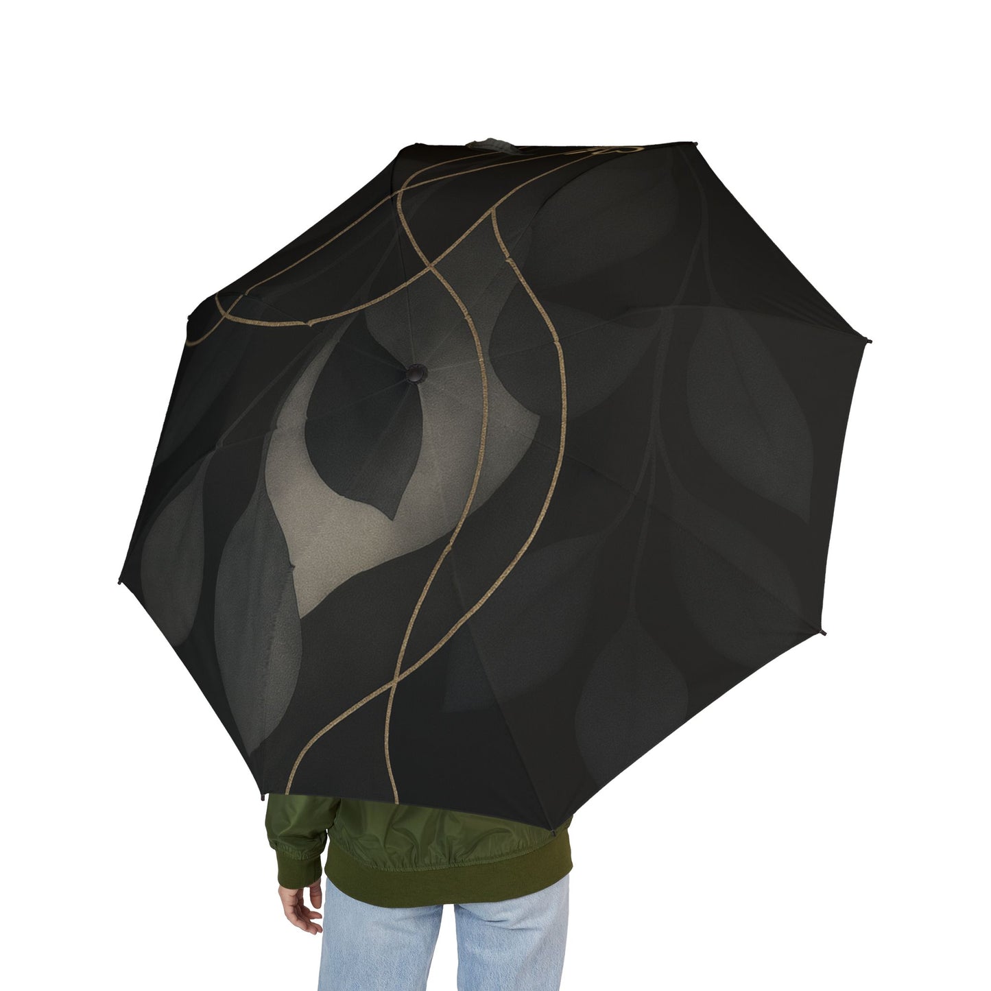 Paraguas Plegable Shirley-2025 Colección Artisan — Elegante Diseño de Hoja Abstracta Negra, Paraguas de Viaje Compacto Semiautomático