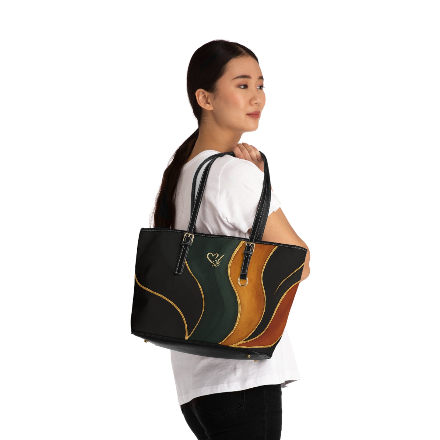 Vivian Artisan Luxe PU leather shoulder bag 16x10 lifestyle shot – earthy green burnt orange wearable art tote by the Soulful Brush