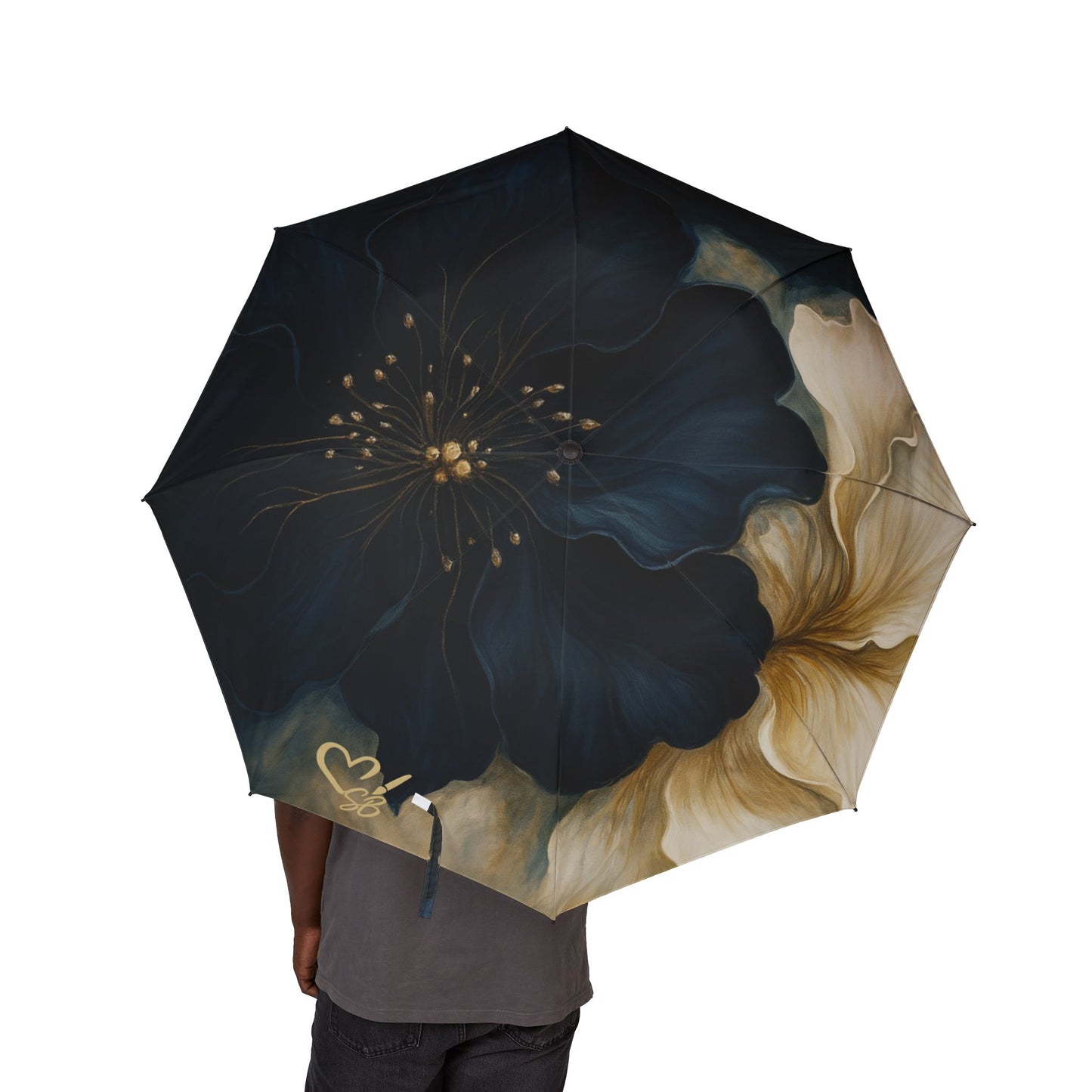 Stella - 2025 - Colección Artisan Luxe - Paraguas floral plegable — Parasol de lluvia compacto semiautomático con diseño de grandes flores en crema y azul
