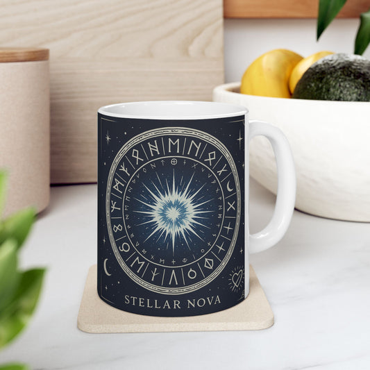 Taza de cerámica Stellar Nova — Diseño de rueda astral de astrología cósmica (325 ml y 443 ml)