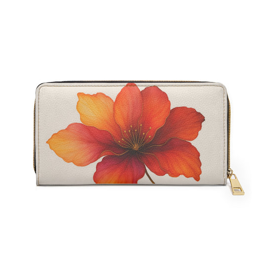 Bella Zipper Wallet — Orange Hibiscus Print Leather Wallet