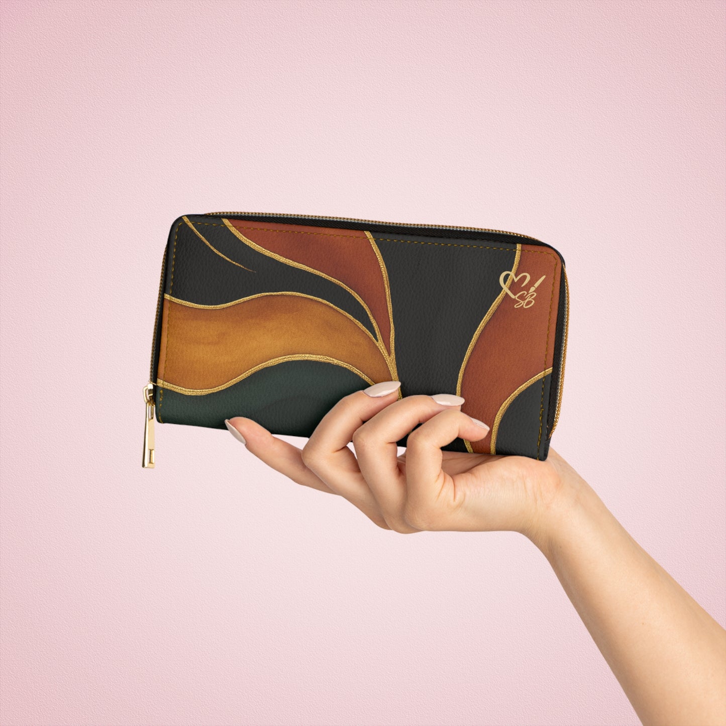 Vivian Artisan Luxe zipper wallet lifestyle front view – abstract autumn waves earthy green burnt orange print zip-around wallet by the Soulful Brush