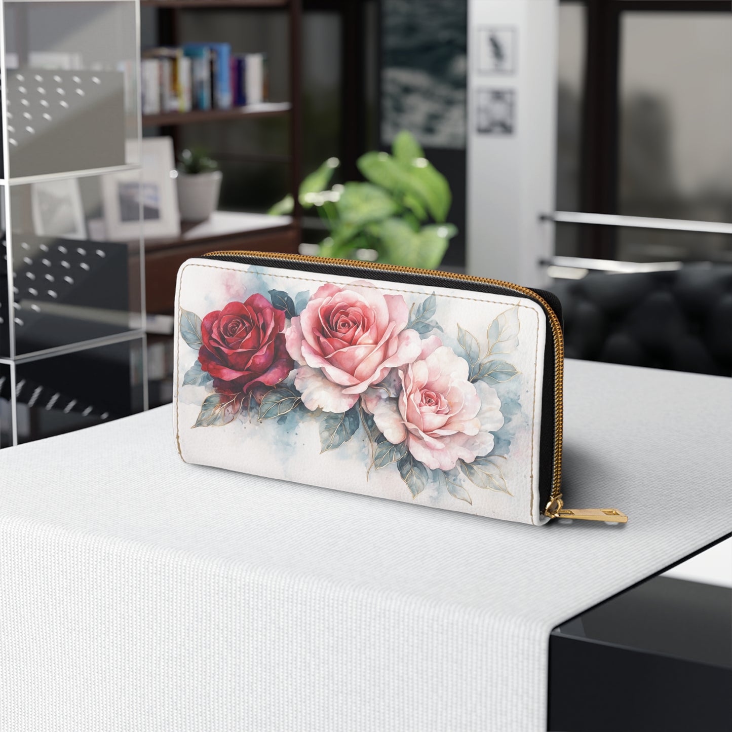 Rosie-Artisan Luxe Zipper Wallet — Watercolor Pink & Red Roses Long Wallet