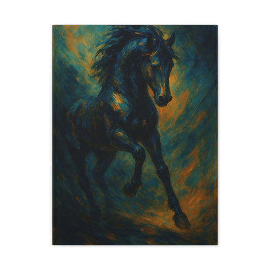 Lienzo Mate de Caballo Negro Galopando — Dramática Pintura Ecuestre