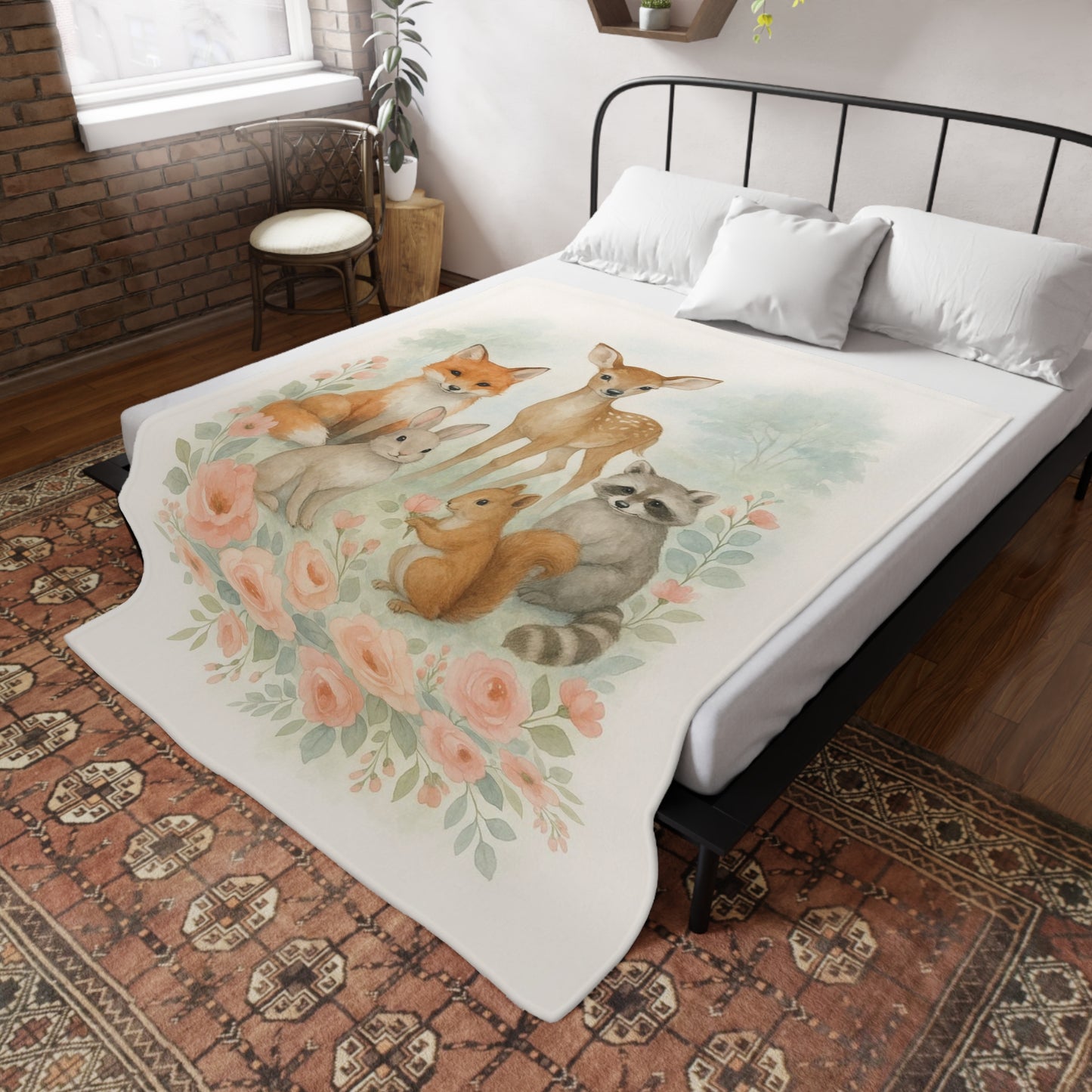 Woodland Friends Floral Country Chic Plush Fleece Blanket