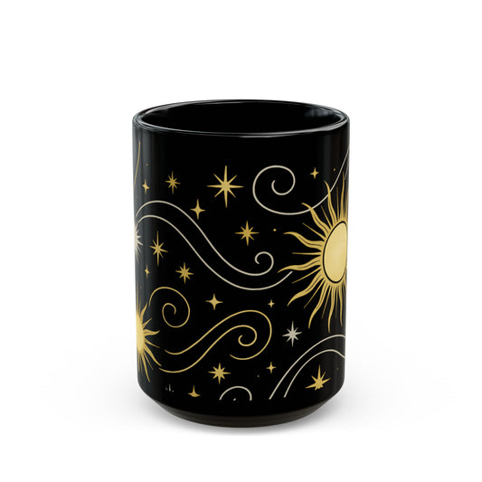 Astrology Sun & Stars Black Mug — Gold Celestial Coffee Cup (11oz/15oz)