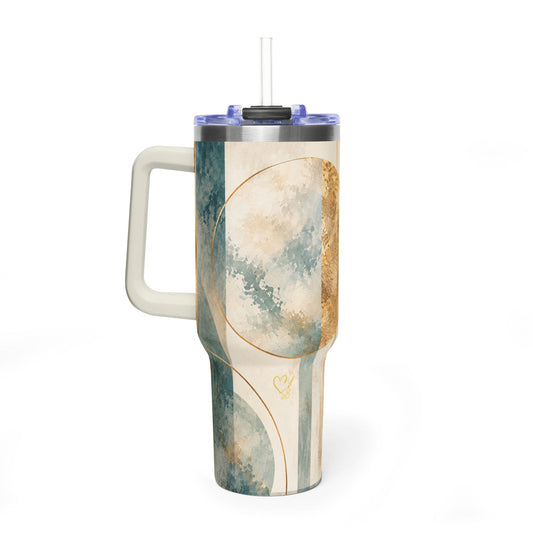 Celestial Circles 40oz Tumbler — Teal & Gold Abstract Art Mug