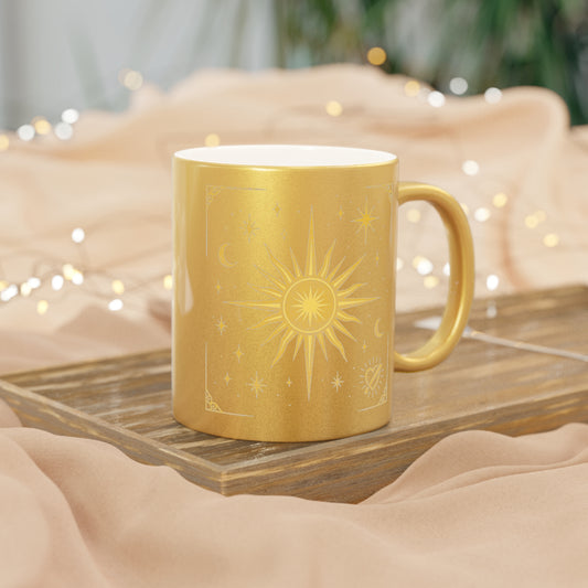 Gold Celestial Sun Metallic Mug — Silver/Gold Cosmic Coffee Cup