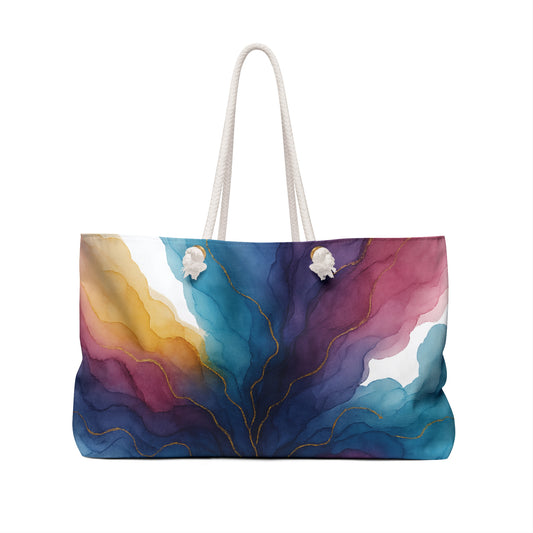 Gloria weekender bag back view – colorful watercolor travel tote with cream rope handles and gold grommets by the Soulful Brush