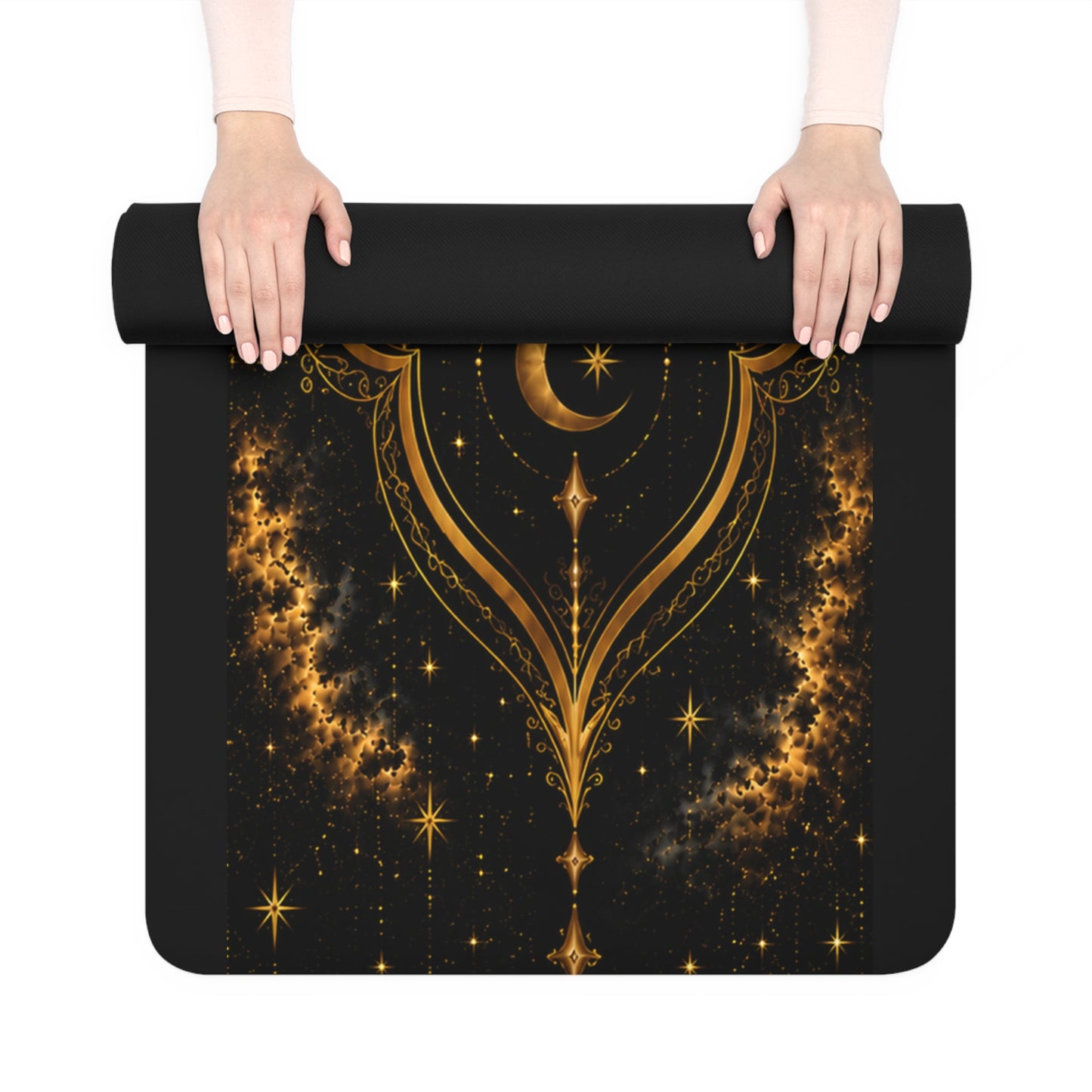 Celestial Sun & Moon Yoga Mat — Black Gold Mystic Meditation Mat