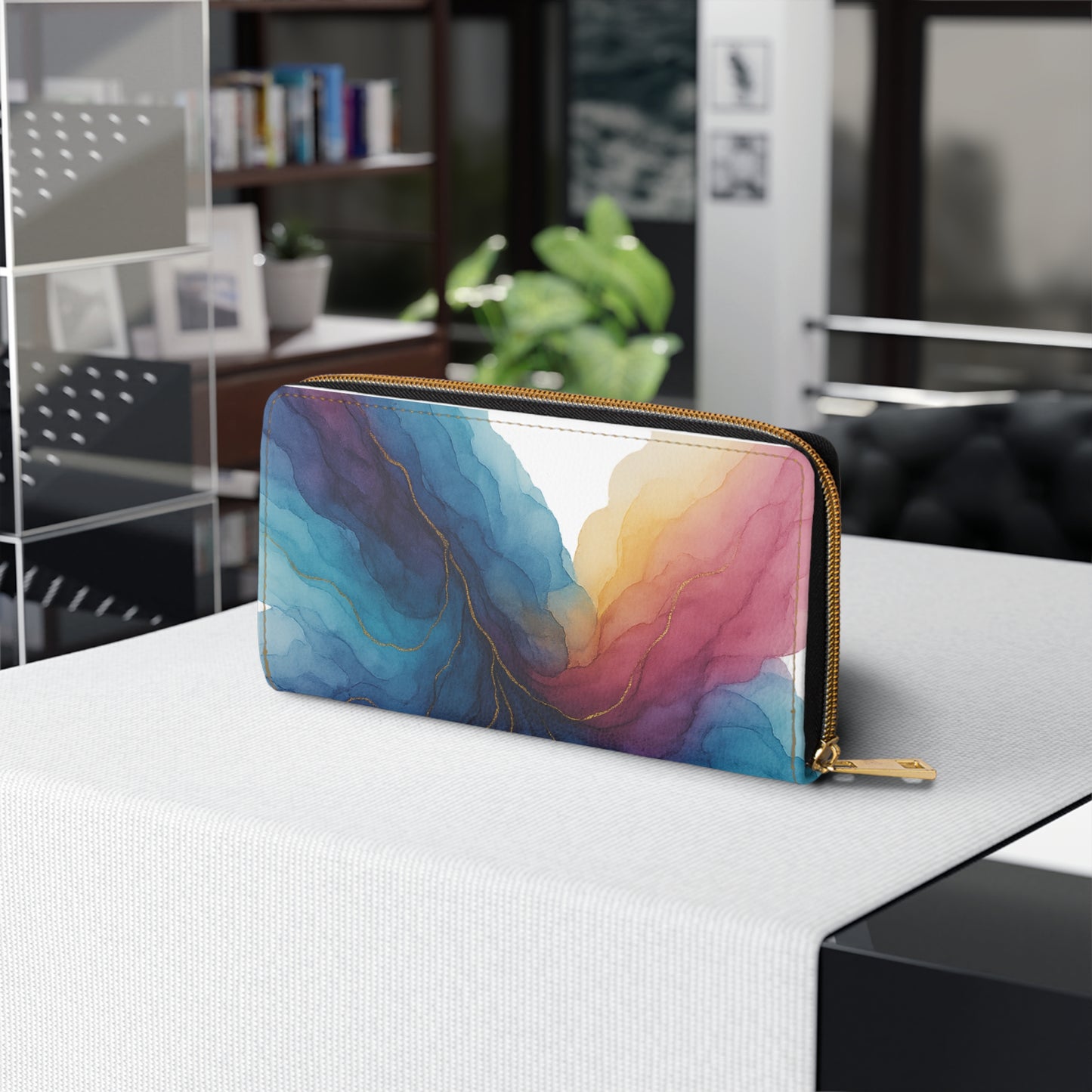 Gloria Zipper Wallet — Colorful Watercolor Wave Zip-Around Wallet with Gold Accents