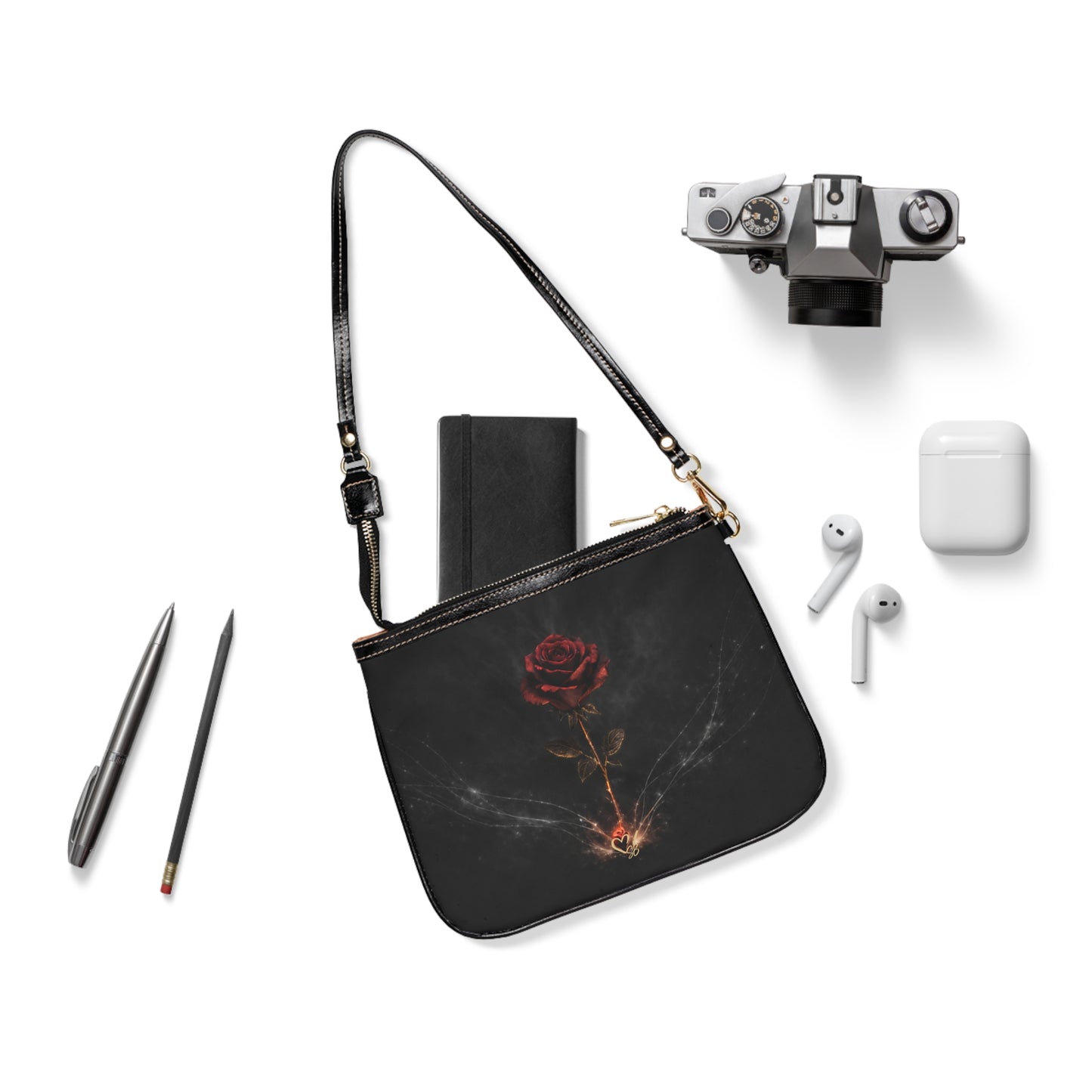 Eterno Florecer - Bolso de Hombro Pequeño — Bandolera Gótica Oscura con Rosas, Diseño Floral Vintage Romántico