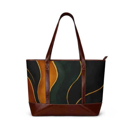 Vivian-Abstract Autumn Waves Handbag – Leather-Trim Tote with Earthy Green & Burnt Orange Design