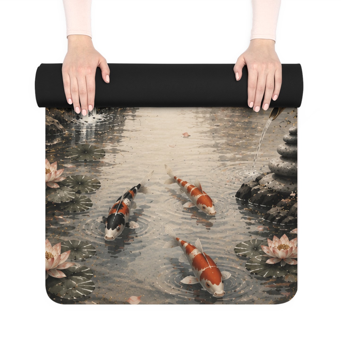 Zen Koi Rubber Yoga Mat — Japanese Landscape Yoga Mat with Koi Fish & Pagoda