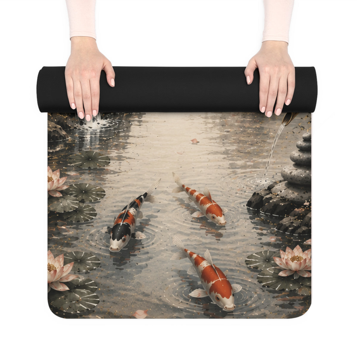 Zen Koi Rubber Yoga Mat — Japanese Landscape Yoga Mat with Koi Fish & Pagoda