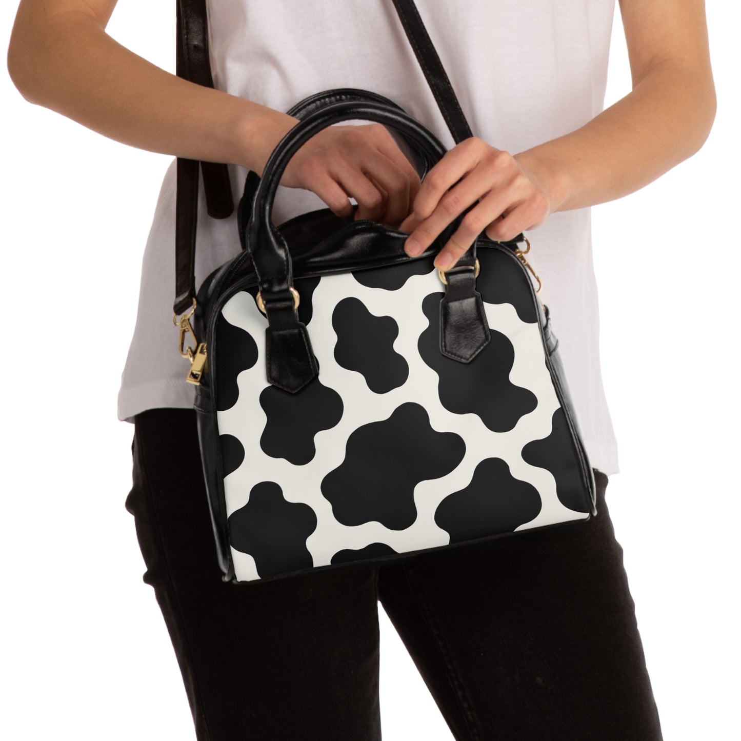 Cow Print Shoulder Handbag – Black & White Chic Tote