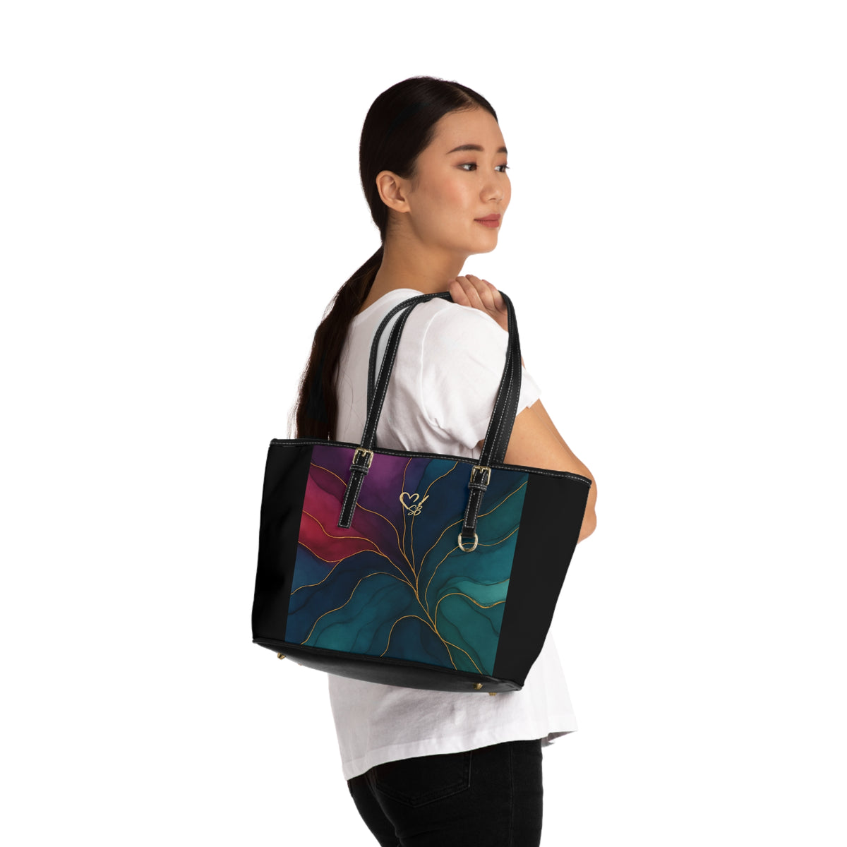 Tyler-2025 Artisan Luxe Collection-panel PU Shoulder Bag — Teal & Burgundy Tote with Gold Vein Accent