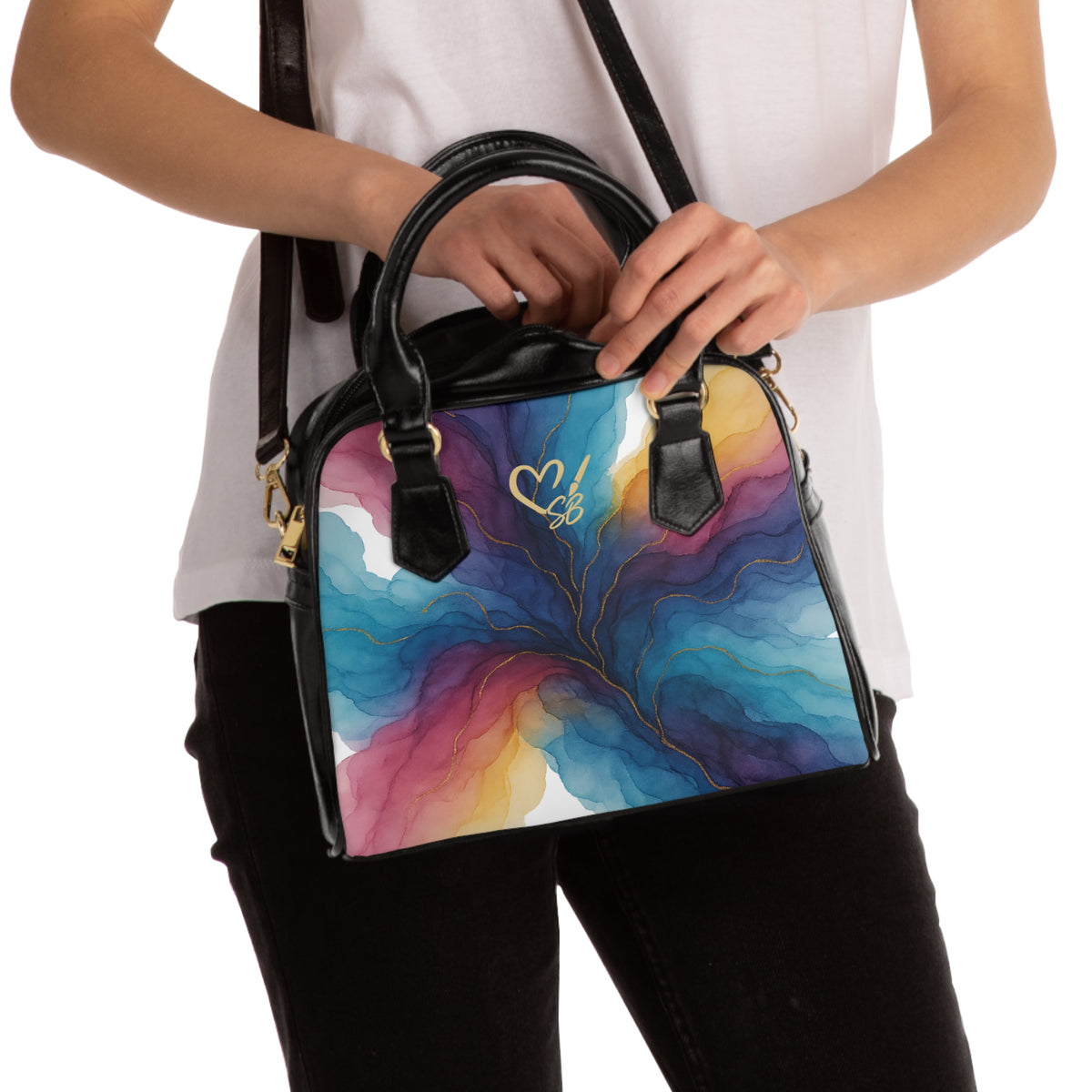 Abstract Watercolor Shoulder Handbag — Colorful Swirl Tote with Heart Accent