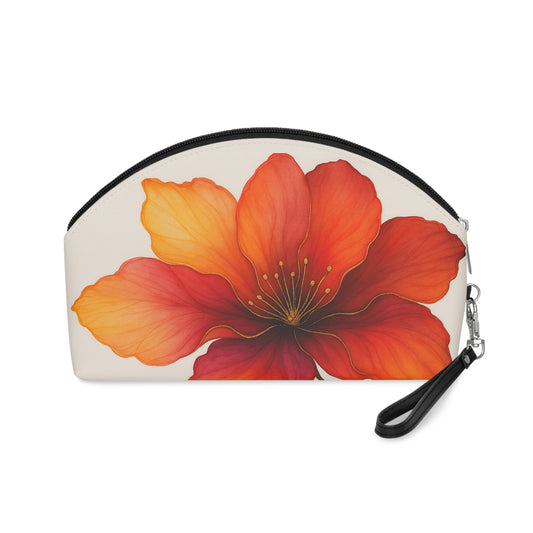 Bella makeup bag back view – orange hibiscus floral print PU leather cosmetic pouch by the Soulful Brush