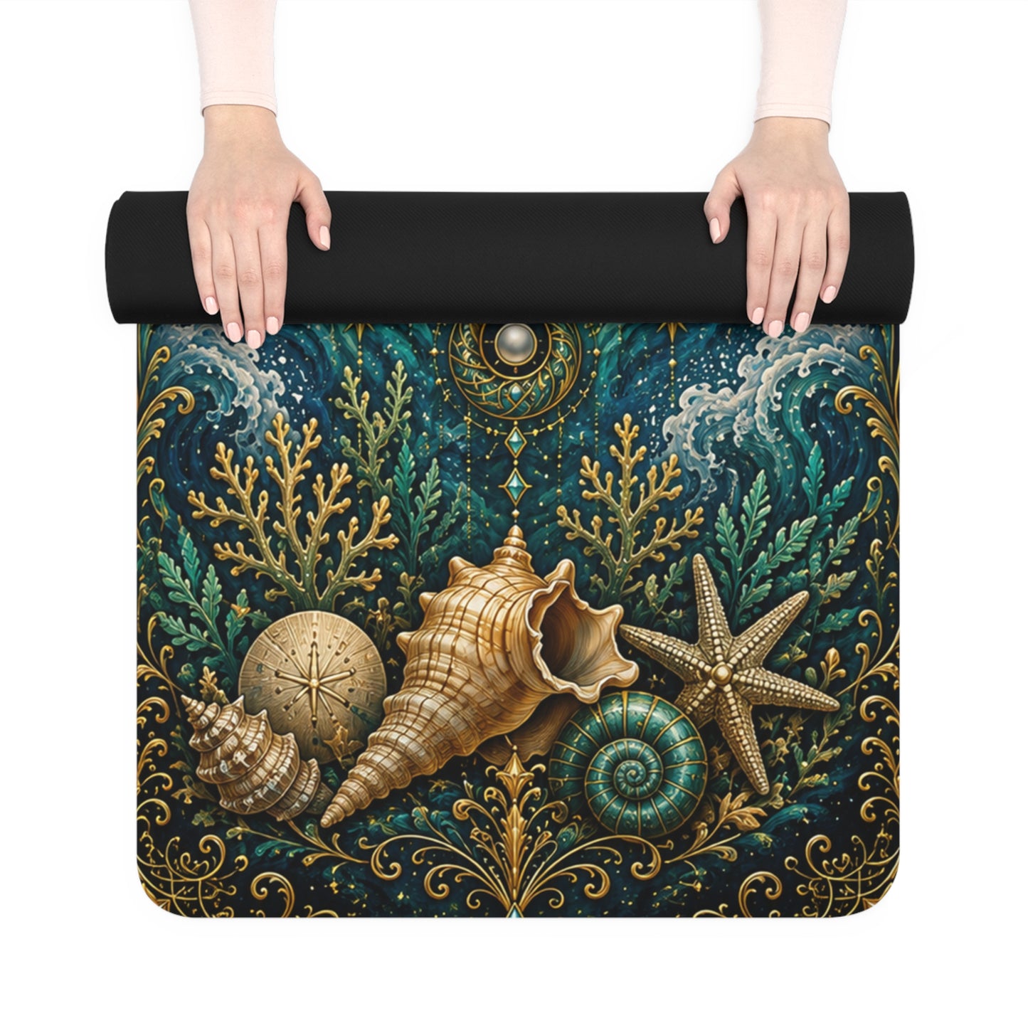 Bohemian Ocean Mandala Rubber Yoga Mat — Seashell Spiritual Beach-Themed Practice Mat