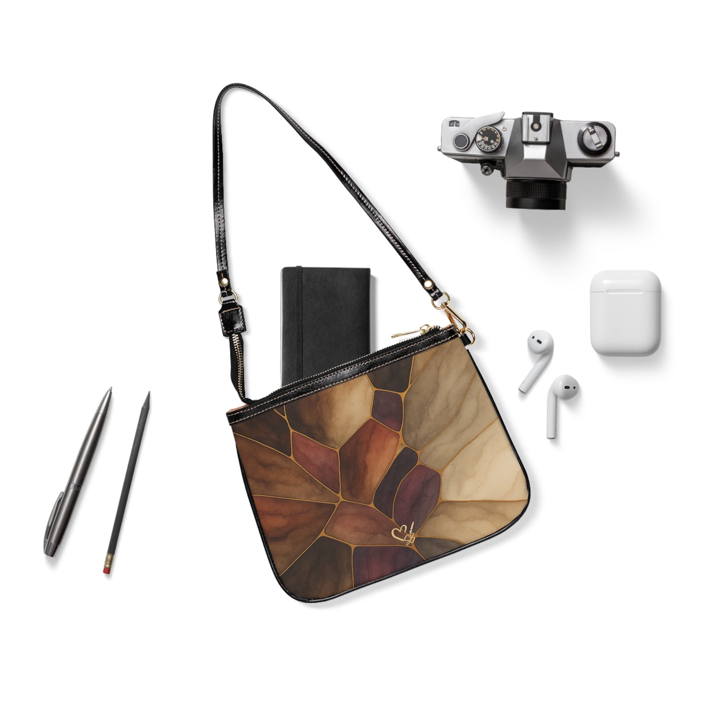Sienna Artisan Luxe small shoulder bag flat view – earthtone stained glass floral print compact crossbody by the Soulful Brush