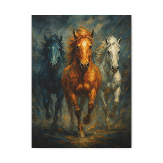 Arte de pared en lienzo mate "Caballos corriendo" — Pintura de trío dramático, estirado 1.25"