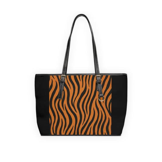 Tiger Stripe PU Leather Shoulder Bag — Black & Orange Animal Print Tote