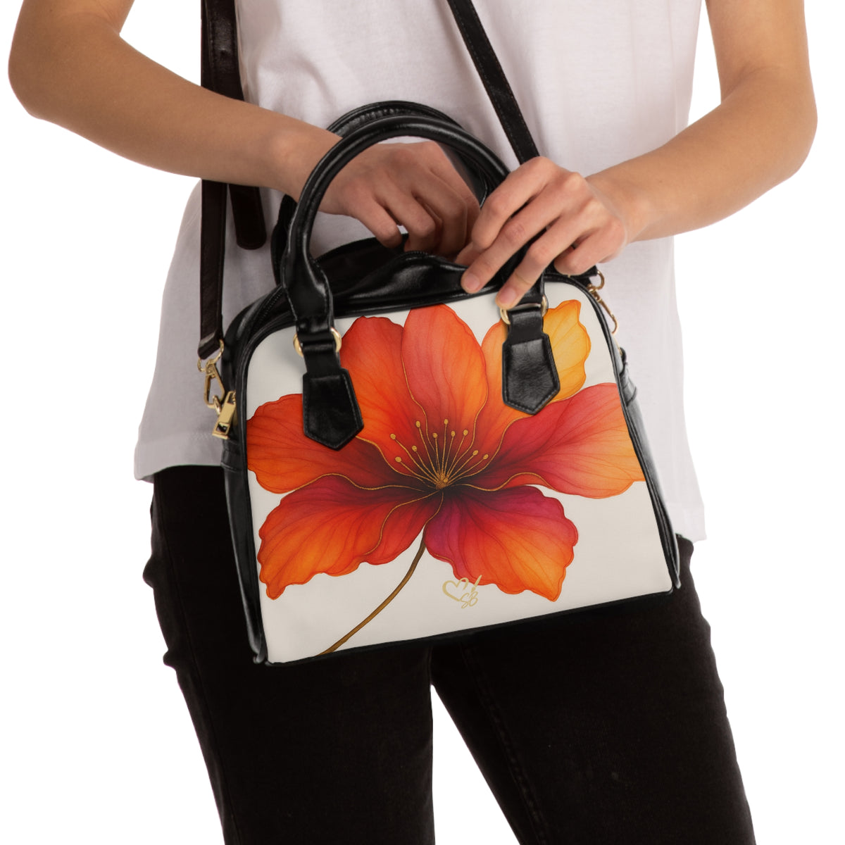 Bella Shoulder Handbag — Red Orange Hibiscus Print Tote