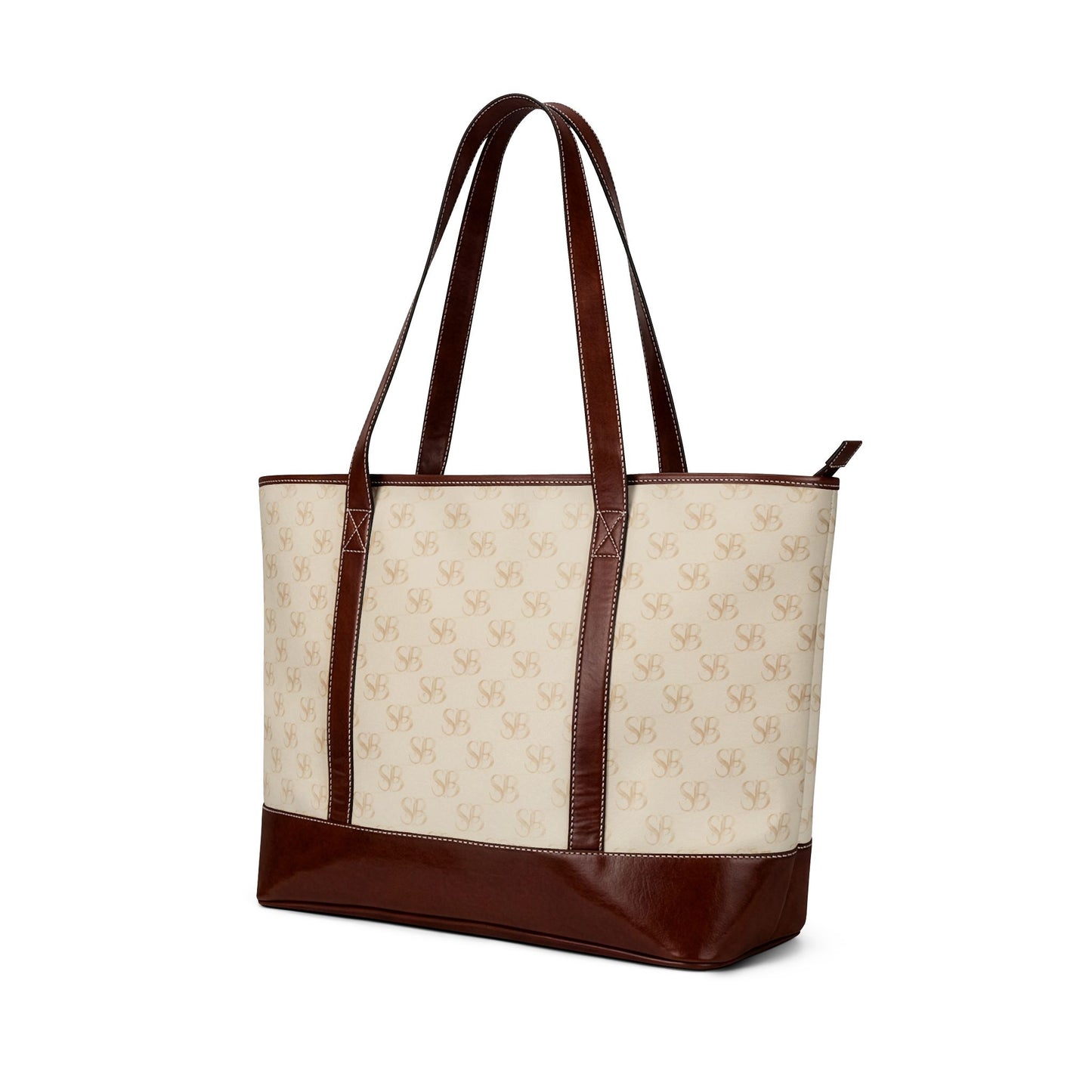 Sand-SB Monogram Canvas Tote Handbag — Beige & Brown Classic Everyday Shoulder Bag