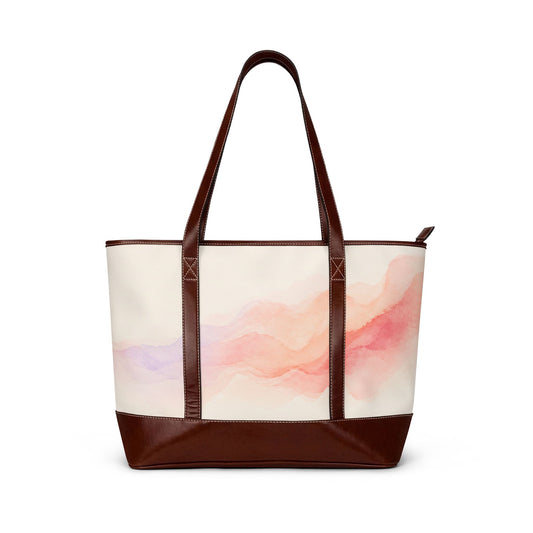 Soft Horizon watercolor sunrise handbag – back view, pink peach tote with faux leather trim by the Soulful Brush