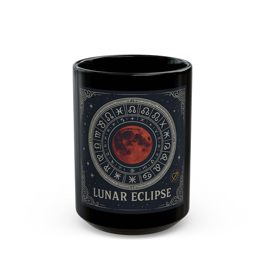 Taza Negra Eclipse Lunar — Taza de Café con Rueda del Zodíaco Astrológico (325 ml/444 ml)