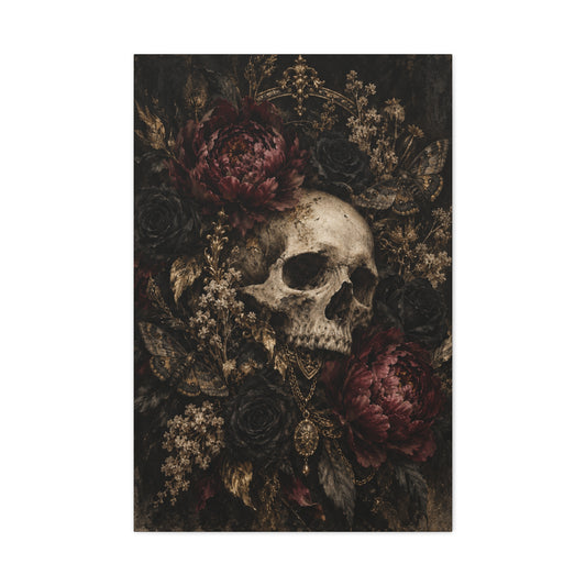 Gothic Skull & Peonies Canvas Wall Art —Velvet Mourning- Dark Floral Home Decor