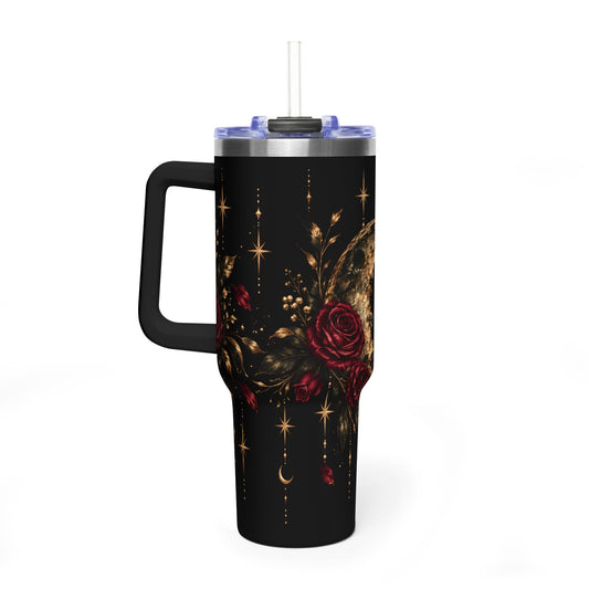 40oz Moon & Roses Tumbler — Gold Crescent Floral Vacuum Insulated Mug