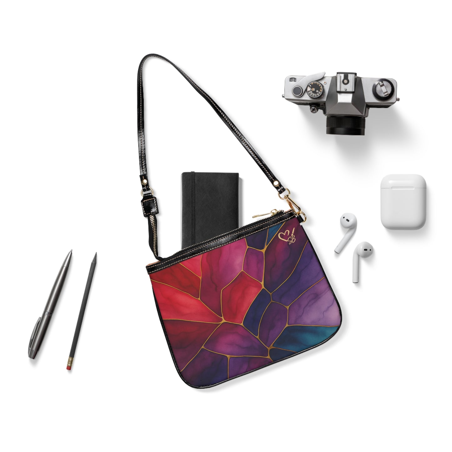 Shelby Artisan Luxe small shoulder bag flat view – vibrant jewel-tone stained glass print compact crossbody by the Soulful Brush