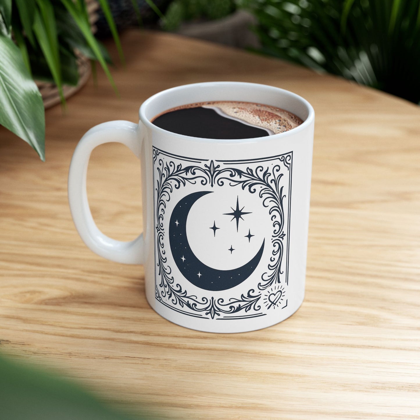 Taza de cerámica Mystic Moon 2 — Taza de café vintage con luna creciente y estrellas (325ml/440ml)