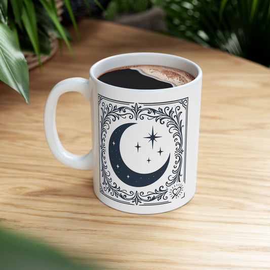 Mystic Moon Ceramic Mug 2— Vintage Crescent Moon & Stars Coffee Cup (11oz/15oz)