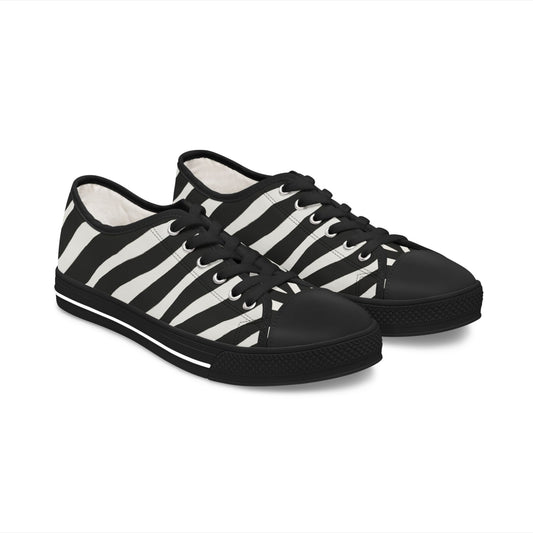 Zebra Stripe Women's Low Top Sneakers — Black & White Animal Print Casual Canvas Shoes