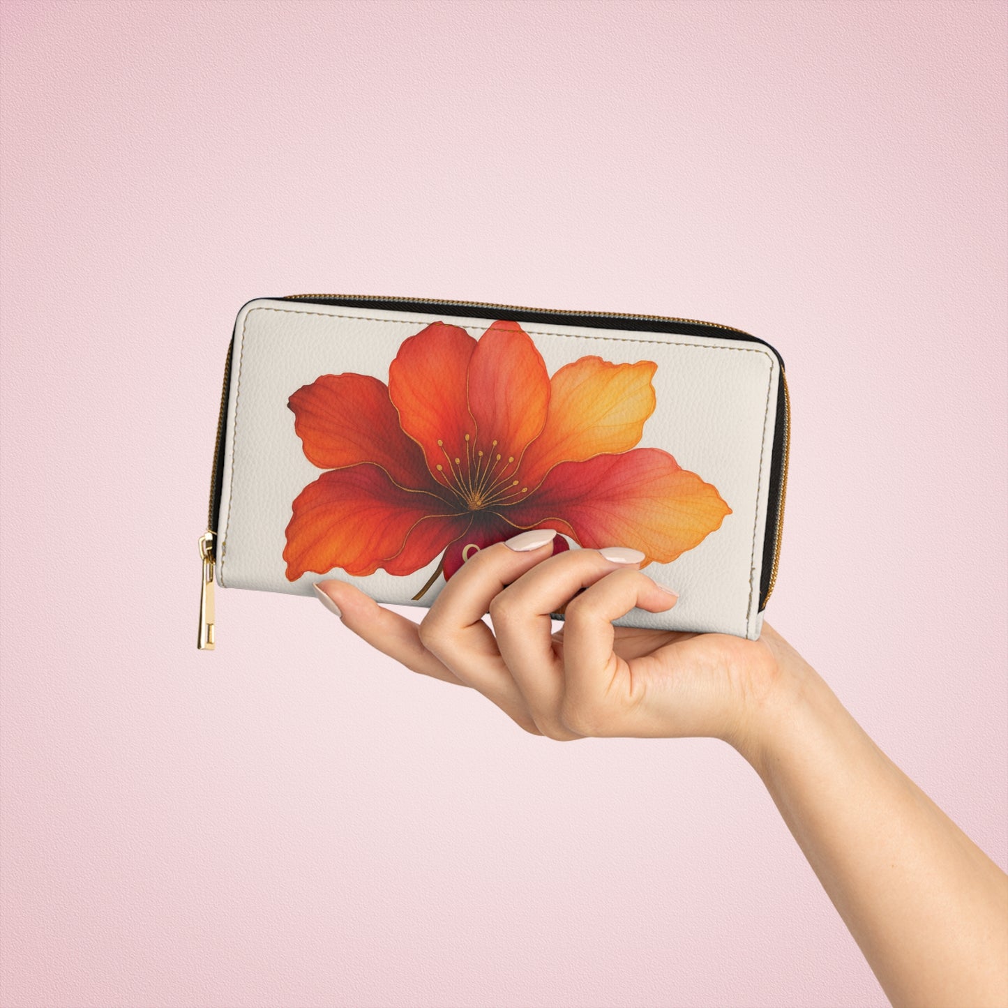 Bella Zipper Wallet — Orange Hibiscus Print Leather Wallet