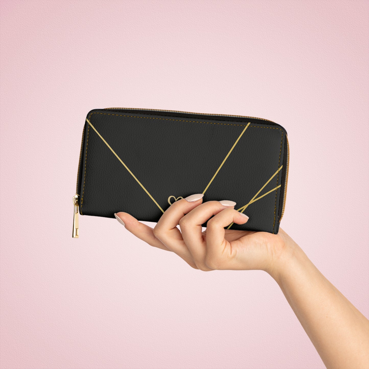 Michelle gold geometric zipper wallet lifestyle view – elegant black leather cardholder clutch by the Soulful Brush
