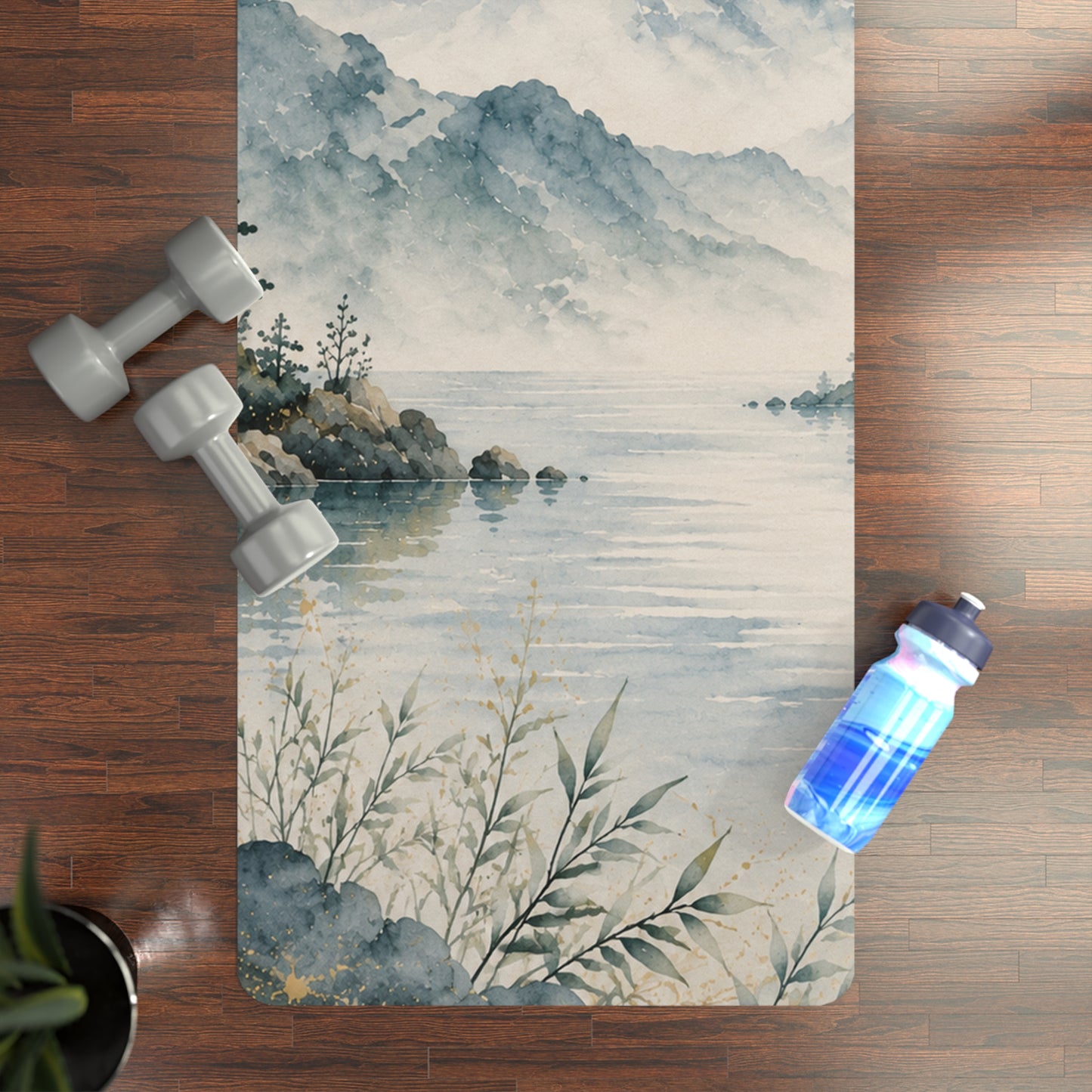 Mountain Mist Rubber Yoga Mat — Tranquil Watercolor Landscape Design