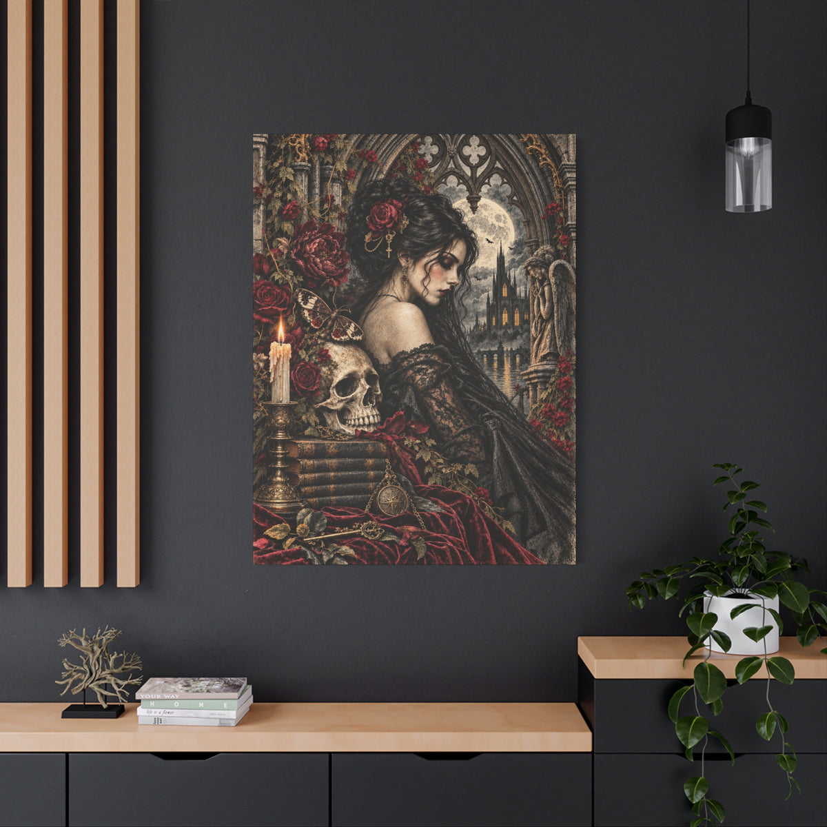 Gothic Romance Canvas Print – Victorian Woman with Skull & Moonlit Cathedral