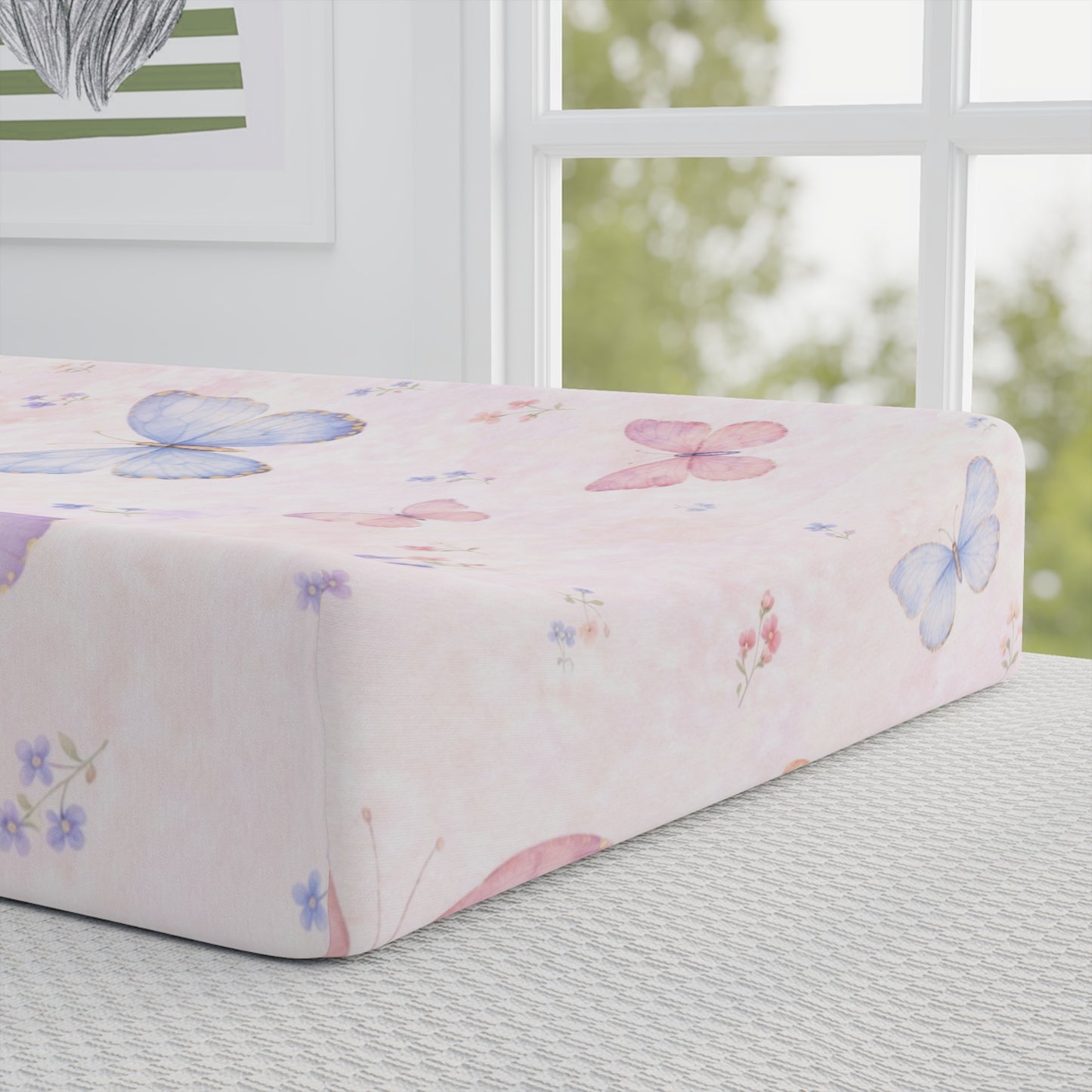 Big Butterfly Baby Changing Pad Cover 2— Pink Floral Nursery Waterproof Fitted Sheet